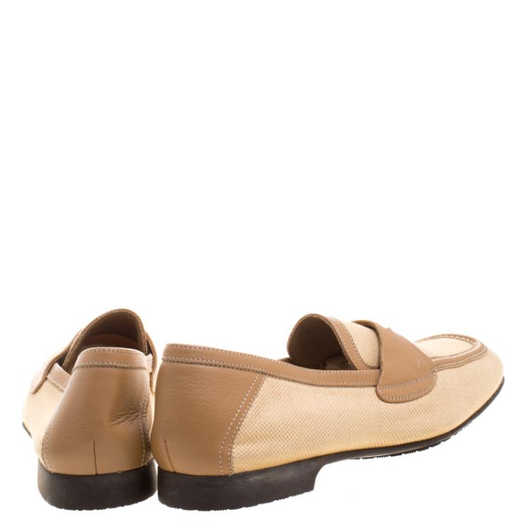 Pre Owned Bottega Veneta Beige Fabric and Leather Trim Loafers Size 39