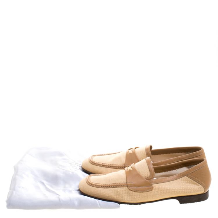 Pre Owned Bottega Veneta Beige Fabric and Leather Trim Loafers Size 39