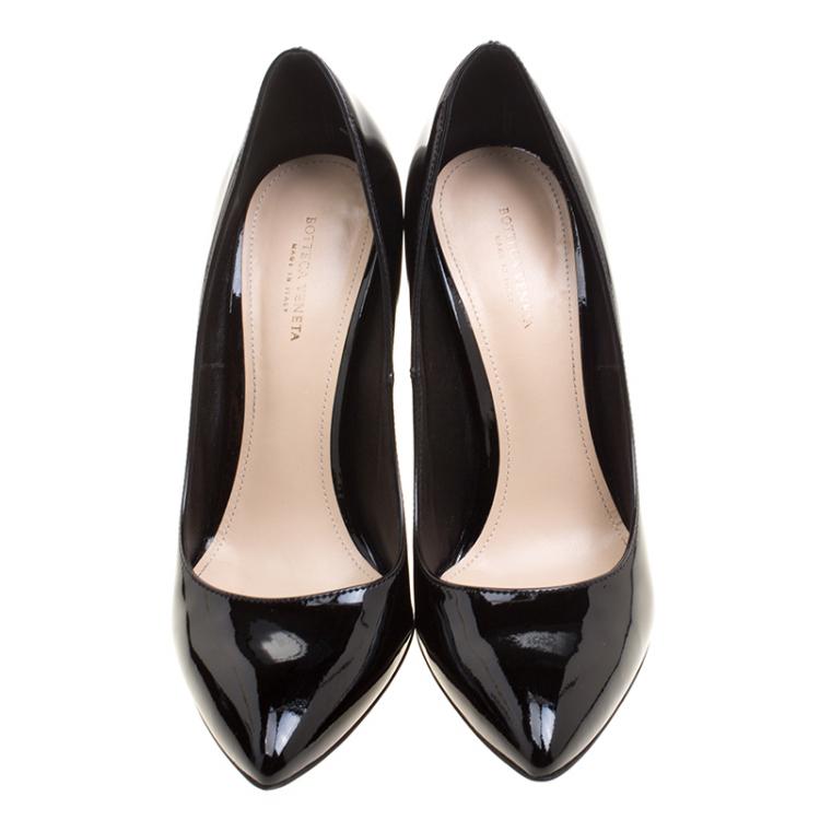 Pre Owned Bottega Veneta Black Patent Leather Intrecciato Heel Pointed Toe Pumps Size 37.5