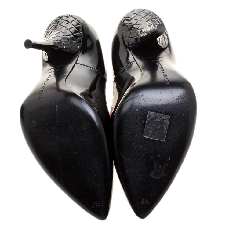 Pre Owned Bottega Veneta Black Patent Leather Intrecciato Heel Pointed Toe Pumps Size 37.5