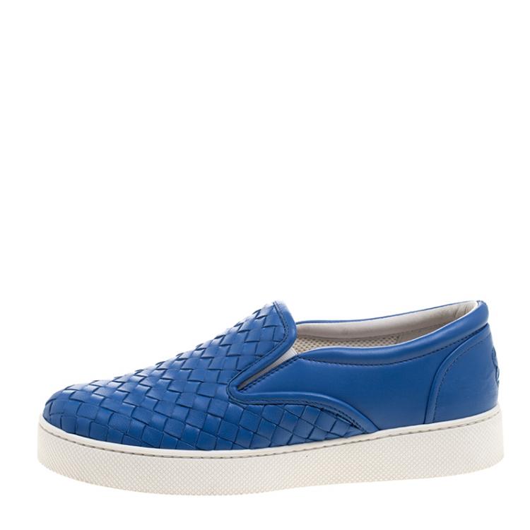 Pre Owned Bottega Veneta Blue Intrecciato Leather Slip On Sneakers Size 37