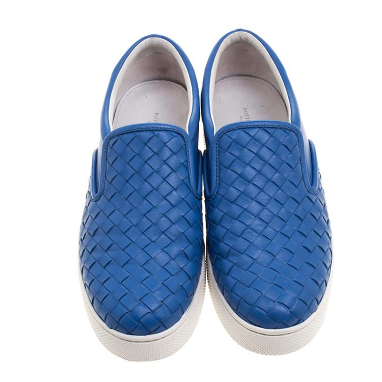 Pre Owned Bottega Veneta Blue Intrecciato Leather Slip On Sneakers Size 37