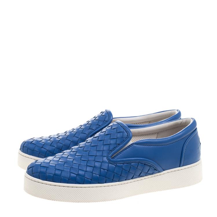 Pre Owned Bottega Veneta Blue Intrecciato Leather Slip On Sneakers Size 37