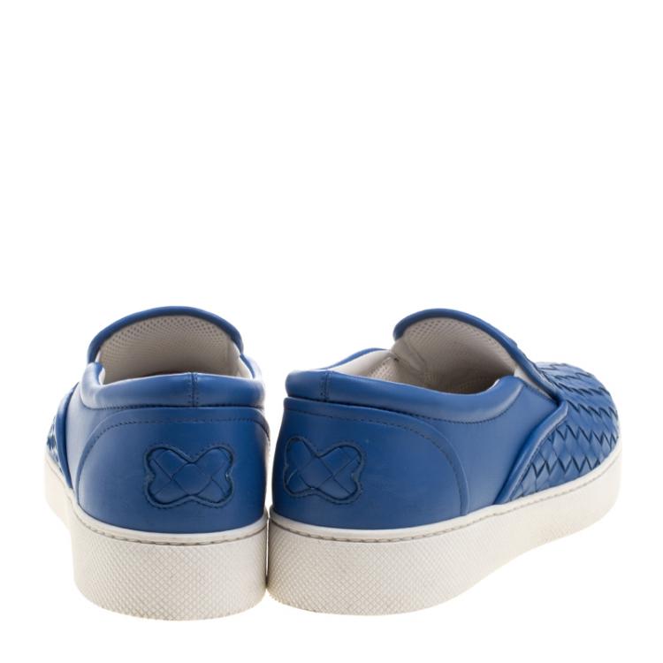Pre Owned Bottega Veneta Blue Intrecciato Leather Slip On Sneakers Size 37