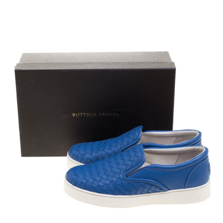 Pre Owned Bottega Veneta Blue Intrecciato Leather Slip On Sneakers Size 37