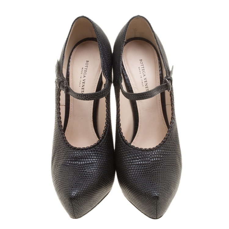 Pre Owned Bottega Veneta Black Lizard Leather Mary Jane Platform Pumps Size 37