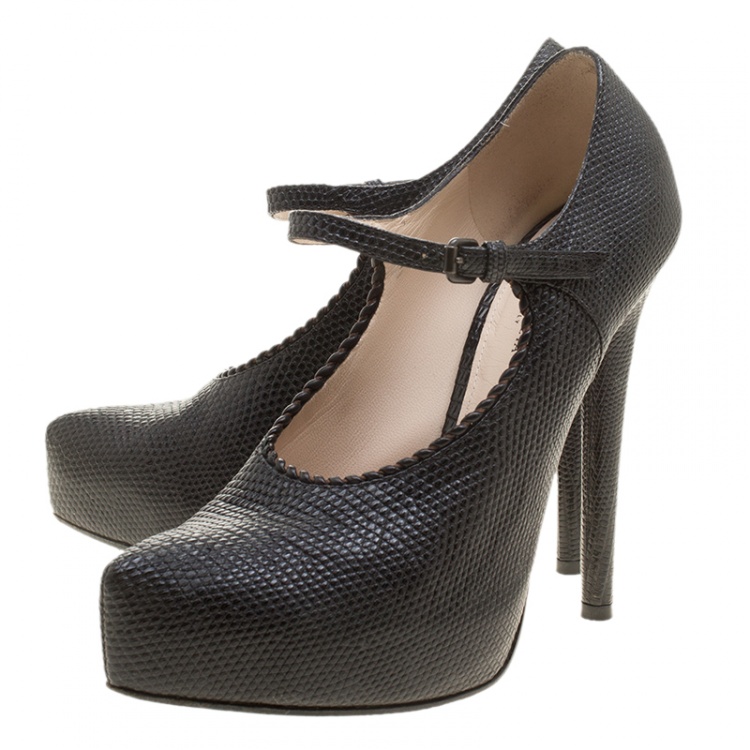 Pre Owned Bottega Veneta Black Lizard Leather Mary Jane Platform Pumps Size 37