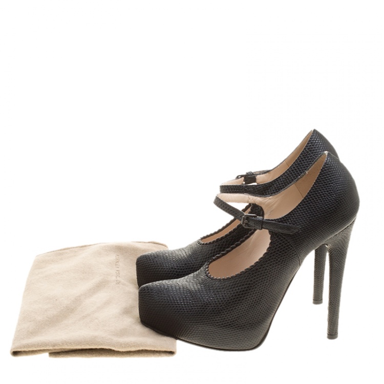 Pre Owned Bottega Veneta Black Lizard Leather Mary Jane Platform Pumps Size 37