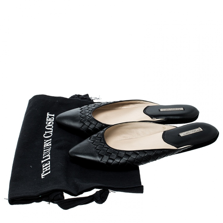 Pre Owned Bottega Veneta Black Intrecciato Leather Flat Slippers Size 39