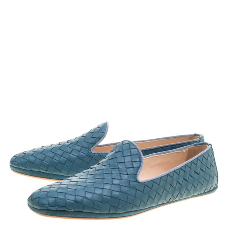 Pre Owned Bottega Veneta Blue Intrecciato Leather Smoking Slippers Size 38
