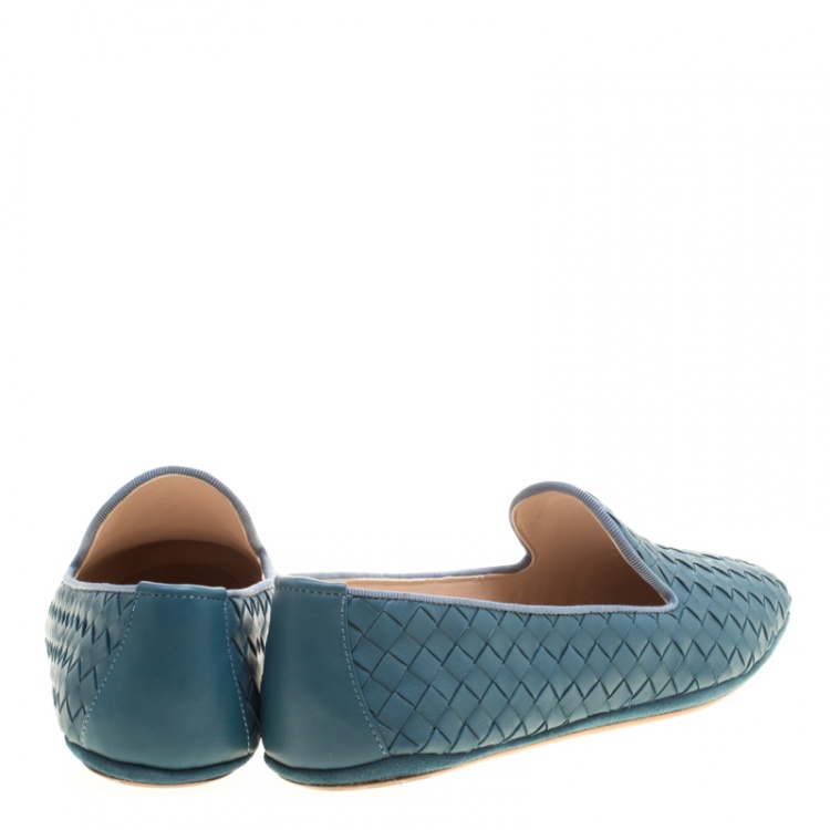 Pre Owned Bottega Veneta Blue Intrecciato Leather Smoking Slippers Size 38