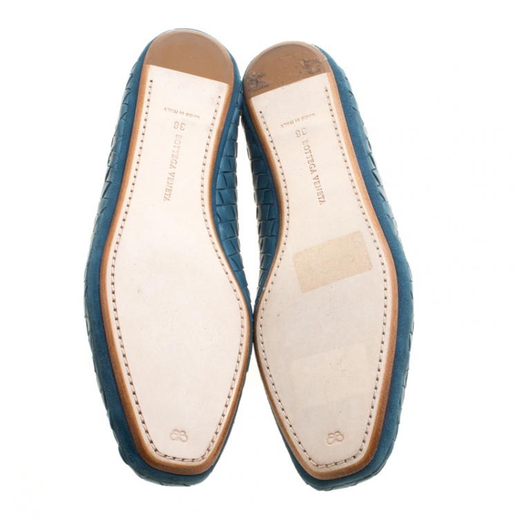 Pre Owned Bottega Veneta Blue Intrecciato Leather Smoking Slippers Size 38