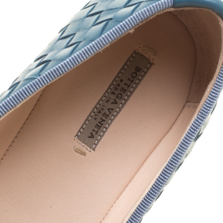 Pre Owned Bottega Veneta Blue Intrecciato Leather Smoking Slippers Size 38