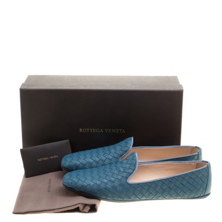 Pre Owned Bottega Veneta Blue Intrecciato Leather Smoking Slippers Size 38