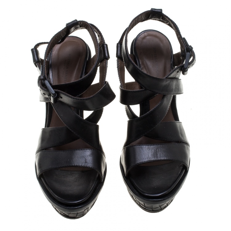 Pre Owned Bottega Veneta Black Leather Intrecciato Heel Wedge Sandals Size 40