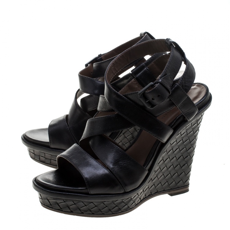 Pre Owned Bottega Veneta Black Leather Intrecciato Heel Wedge Sandals Size 40