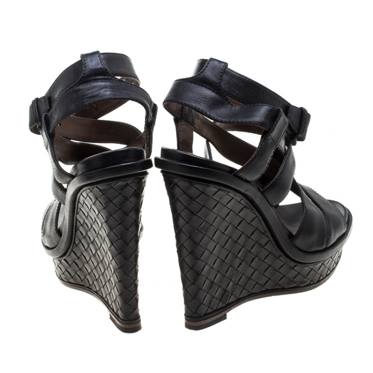Pre Owned Bottega Veneta Black Leather Intrecciato Heel Wedge Sandals Size 40