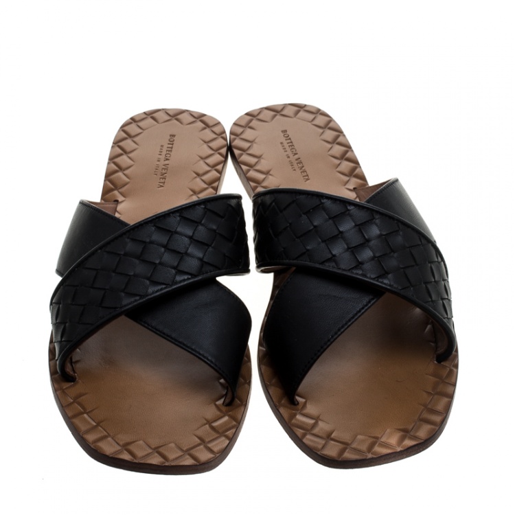 Pre Owned Bottega Veneta Black Intrecciato Leather Cross Strap Flat Slides Size 39