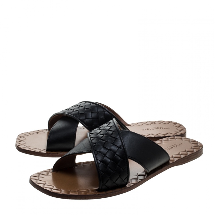 Pre Owned Bottega Veneta Black Intrecciato Leather Cross Strap Flat Slides Size 39