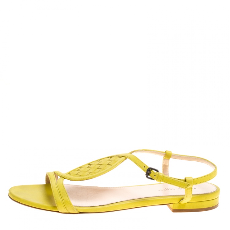 Pre Owned Bottega Veneta Lime Green Intrecciato Leather Ankle Strap Flat Sandals Size 37.5