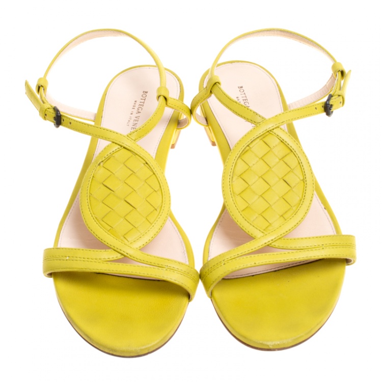 Pre Owned Bottega Veneta Lime Green Intrecciato Leather Ankle Strap Flat Sandals Size 37.5