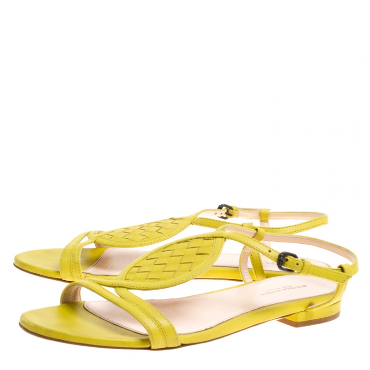 Pre Owned Bottega Veneta Lime Green Intrecciato Leather Ankle Strap Flat Sandals Size 37.5