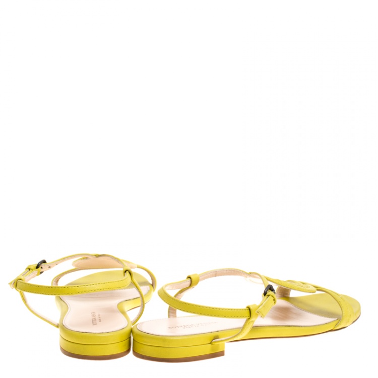 Pre Owned Bottega Veneta Lime Green Intrecciato Leather Ankle Strap Flat Sandals Size 37.5
