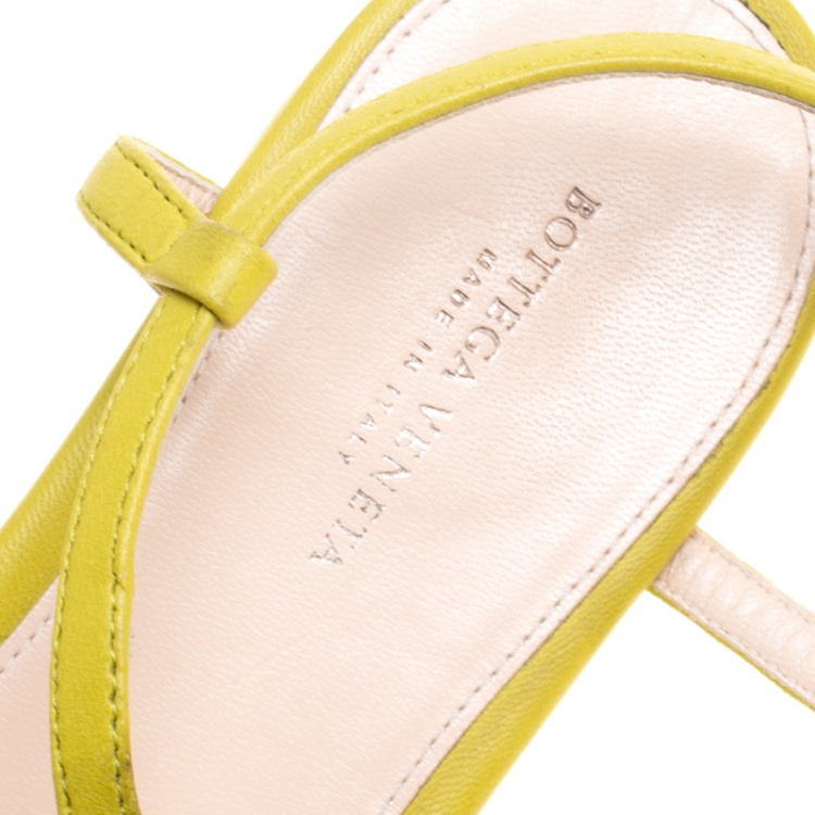 Pre Owned Bottega Veneta Lime Green Intrecciato Leather Ankle Strap Flat Sandals Size 37.5