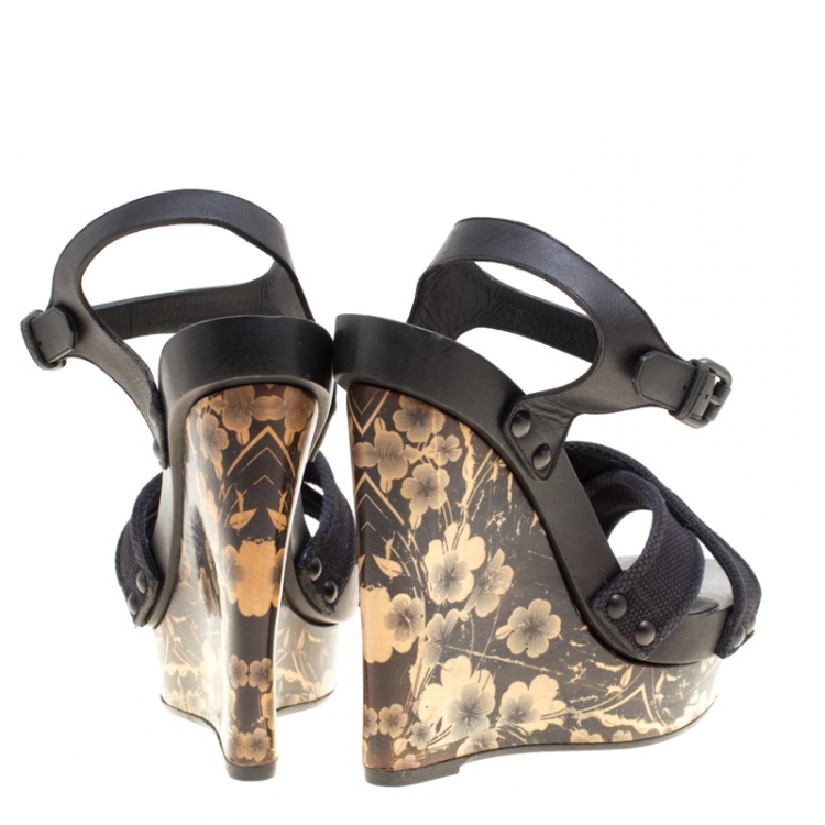 Pre Owned Bottega Veneta Black Leather and Canvas Floral Printed Wooden Wedge Cross Strap Sandals Size 40.5