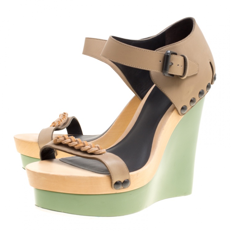 مملوكة مسبقًا Bottega Veneta Tricolor Leather Ankle Cuff Peep Toe Wedge Sandals Size 40