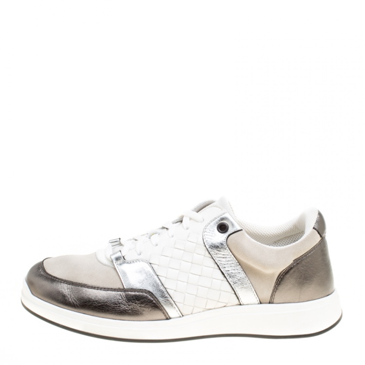Pre Owned Bottega Veneta Tricolor Intrecciato Leather and Suede Sneakers Size 39.5