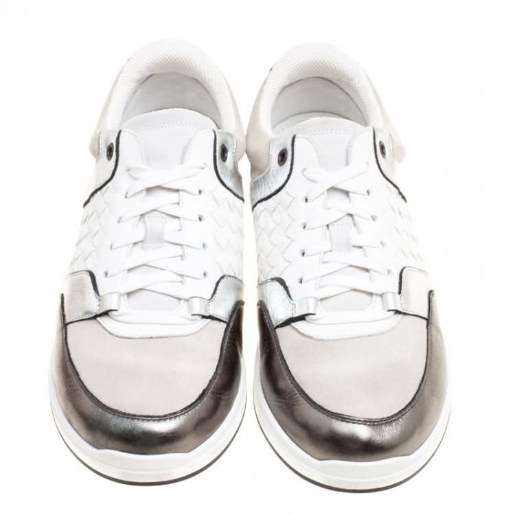 Pre Owned Bottega Veneta Tricolor Intrecciato Leather and Suede Sneakers Size 39.5