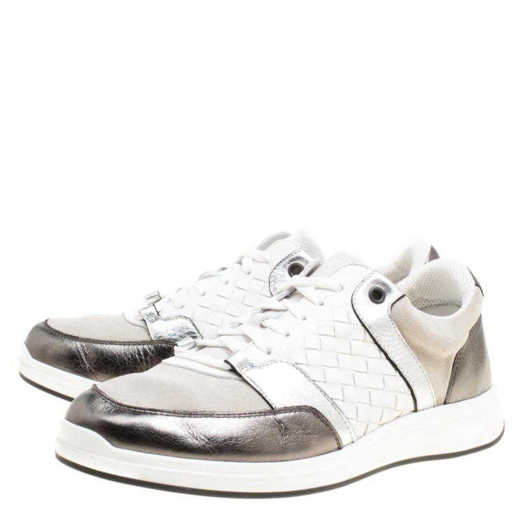 Pre Owned Bottega Veneta Tricolor Intrecciato Leather and Suede Sneakers Size 39.5