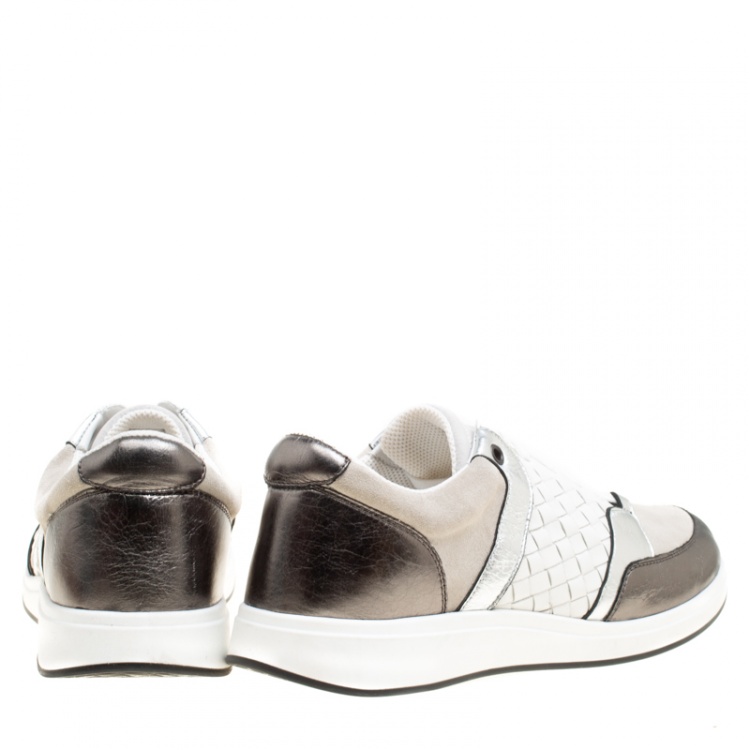 Pre Owned Bottega Veneta Tricolor Intrecciato Leather and Suede Sneakers Size 39.5