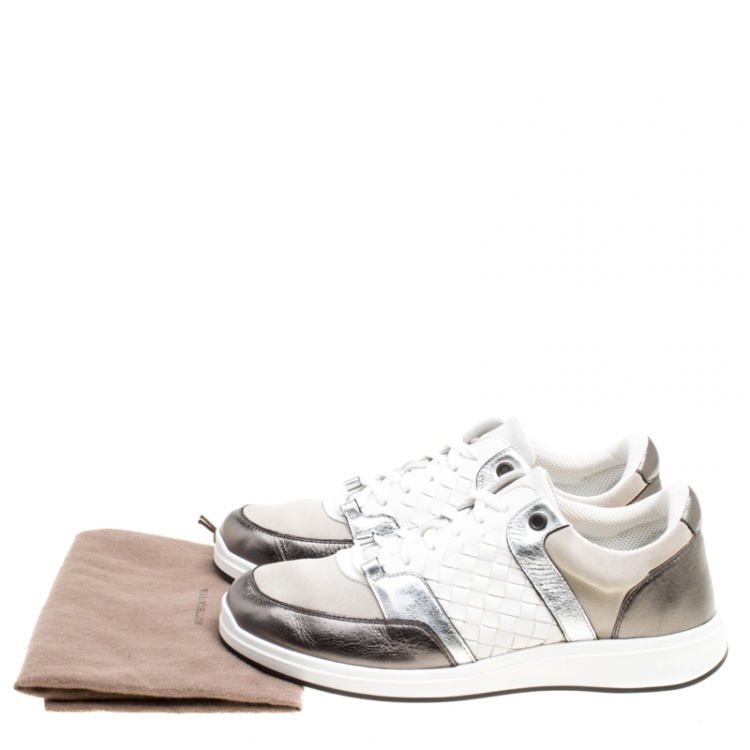 Pre Owned Bottega Veneta Tricolor Intrecciato Leather and Suede Sneakers Size 39.5