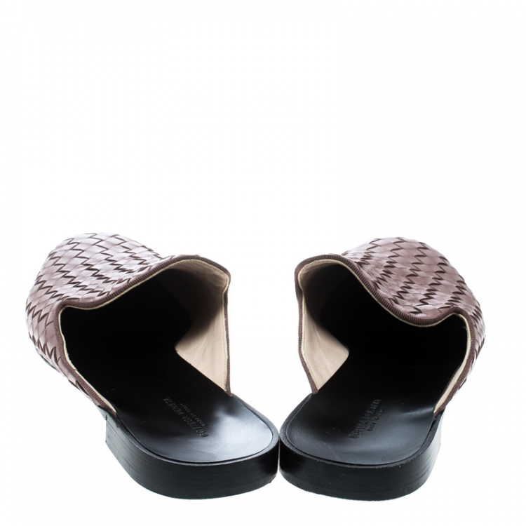 Pre Owned Bottega Veneta Mauve Intrecciato Leather Espresso Fiandra Mules Size 39