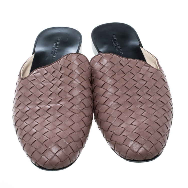 Pre Owned Bottega Veneta Mauve Intrecciato Leather Espresso Fiandra Mules Size 39
