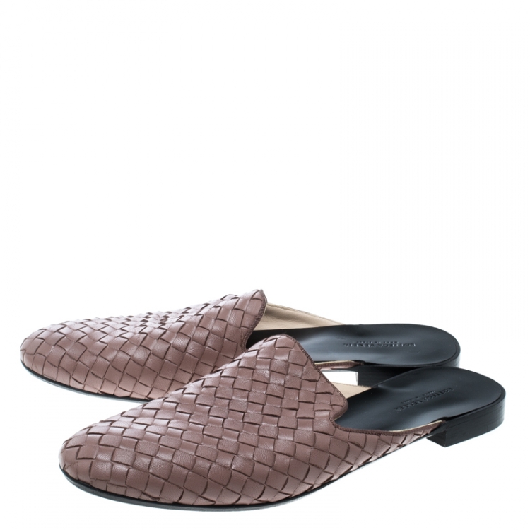 Pre Owned Bottega Veneta Mauve Intrecciato Leather Espresso Fiandra Mules Size 39