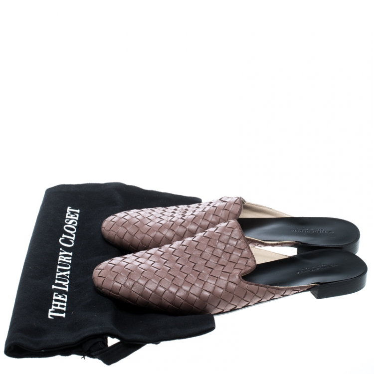 Pre Owned Bottega Veneta Mauve Intrecciato Leather Espresso Fiandra Mules Size 39