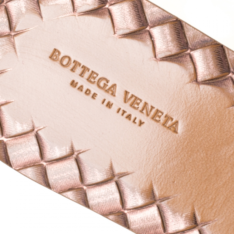 Pre Owned Bottega Veneta Metallic Bronze Intrecciato Leather Flat Slides Size 37