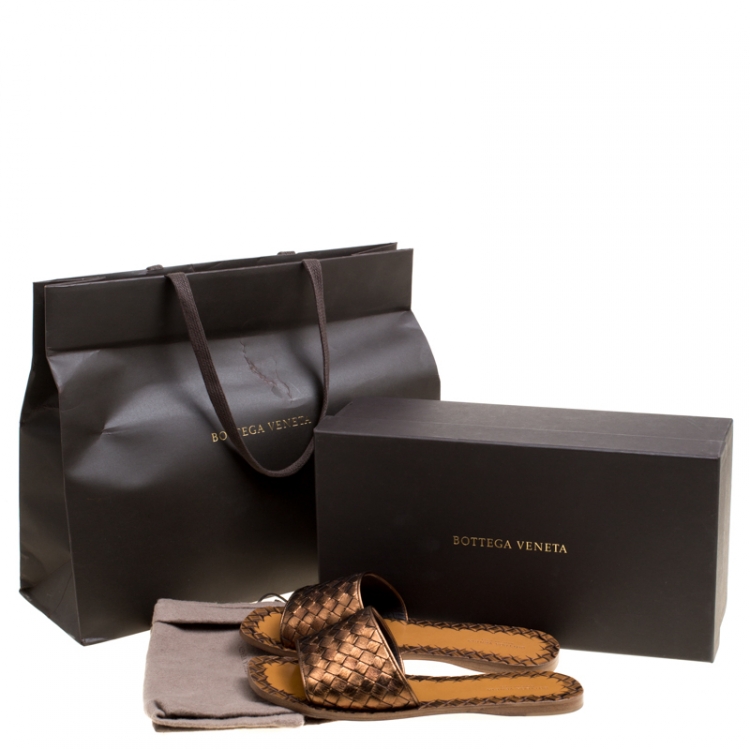 Pre Owned Bottega Veneta Metallic Bronze Intrecciato Leather Flat Slides Size 37
