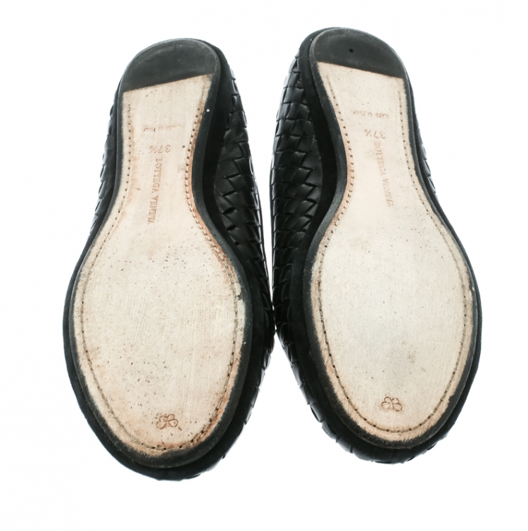 Pre Owned Bottega Veneta Black Intrecciato Leather Ballet Flats Size 37.5