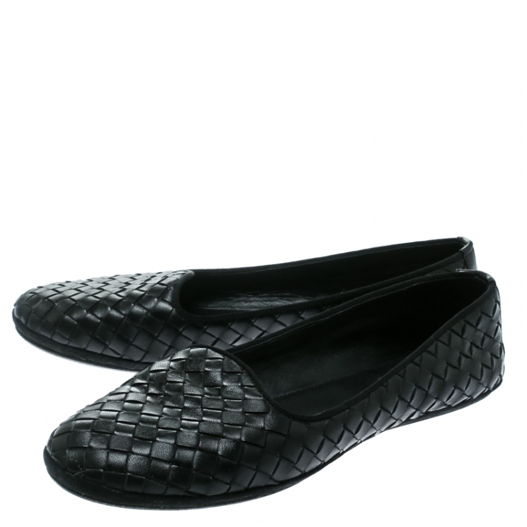 Pre Owned Bottega Veneta Black Intrecciato Leather Ballet Flats Size 37.5