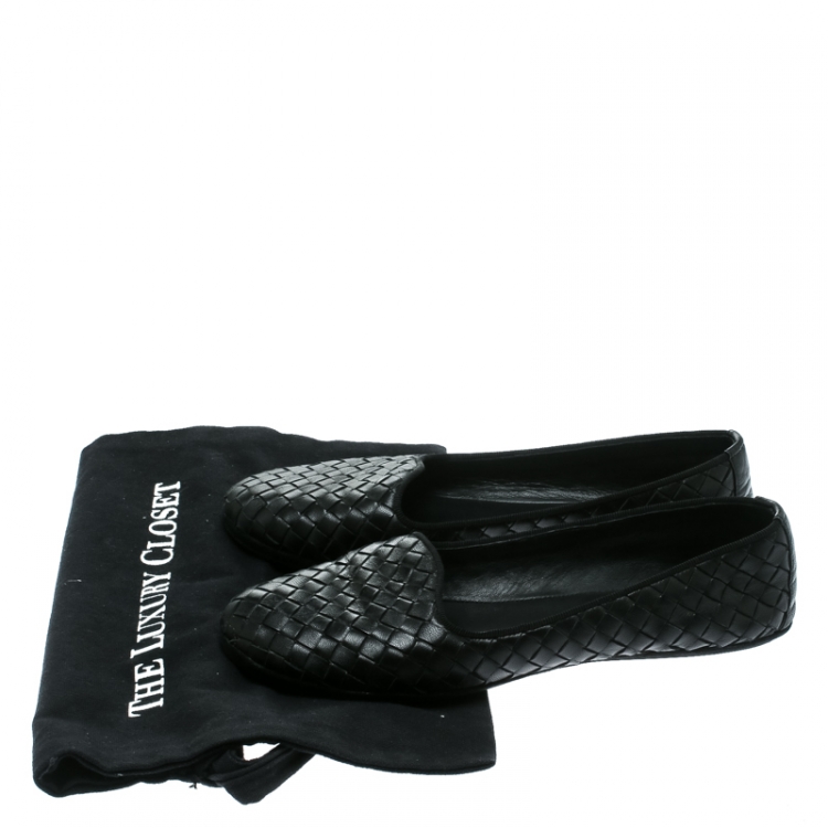 Pre Owned Bottega Veneta Black Intrecciato Leather Ballet Flats Size 37.5