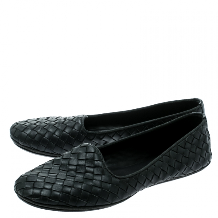 Pre Owned Bottega Veneta Grey Intrecciato Leather Ballet Flats Size 37