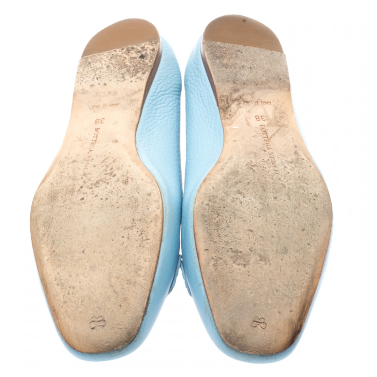 Pre Owned Bottega Veneta Blue Leather Ballet Flats Size 38