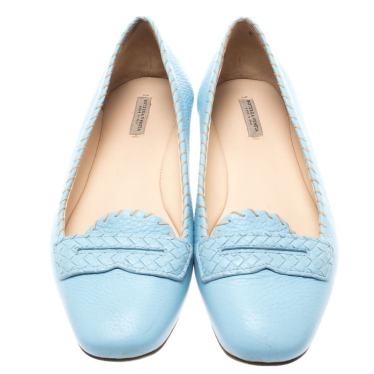 Pre Owned Bottega Veneta Blue Leather Ballet Flats Size 38