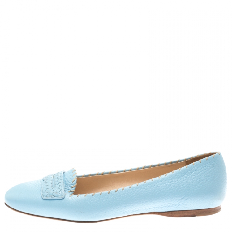 Pre Owned Bottega Veneta Blue Leather Ballet Flats Size 38
