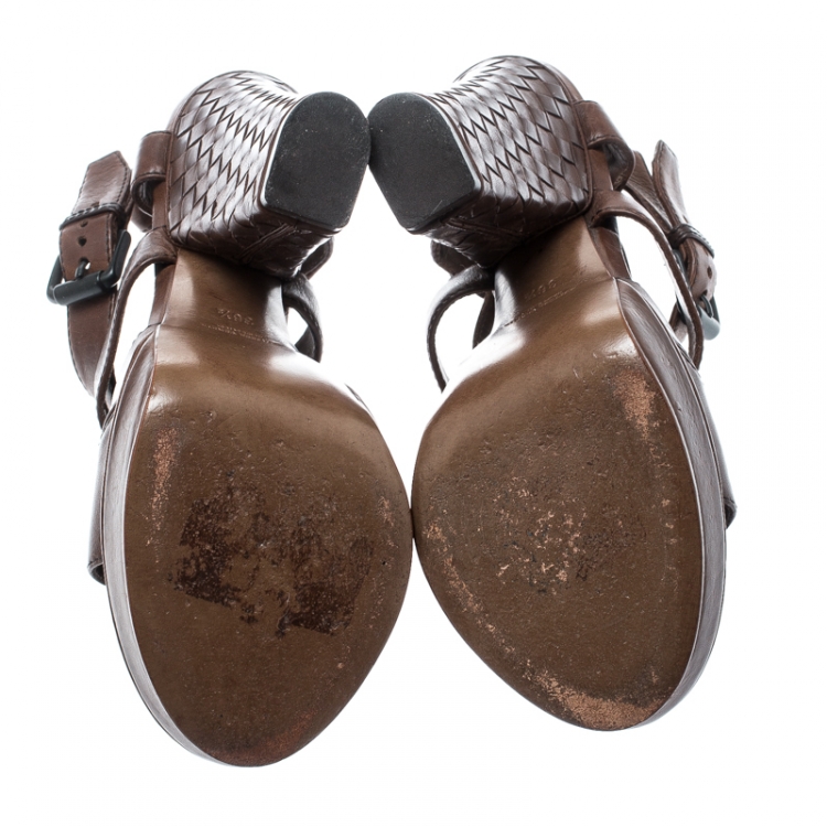 Pre Owned Bottega Veneta Brown Leather Intrecciato Heel Strappy Platform Sandals Size 36.5