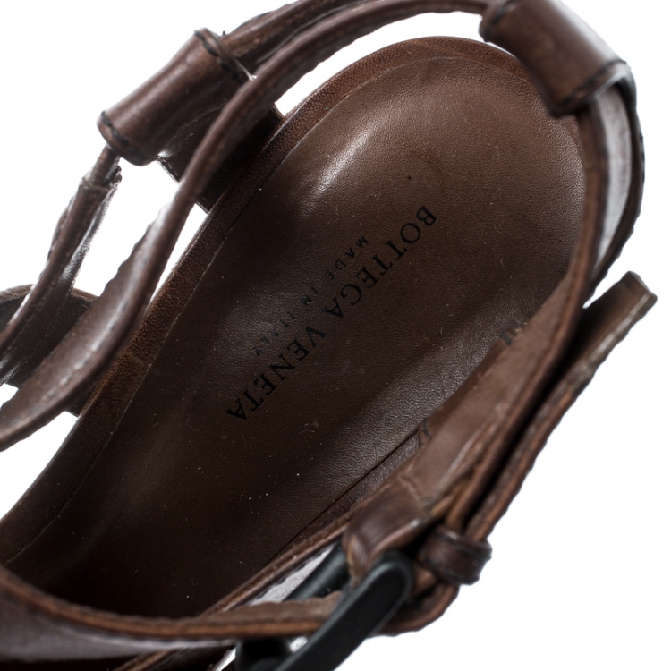 Pre Owned Bottega Veneta Brown Leather Intrecciato Heel Strappy Platform Sandals Size 36.5